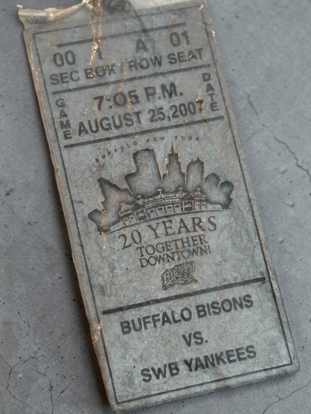 Buffalo Bisons Vs. SWB Yankees 2007 Commemorative Keychain Ticket Design 20 Year